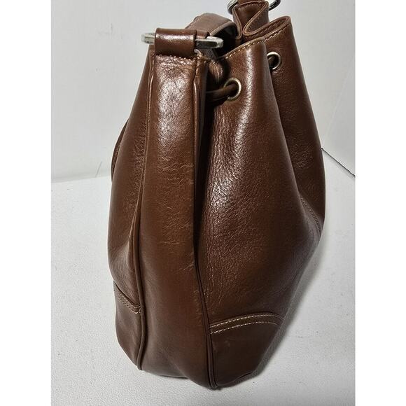 Vintage FOSSIL Brown British Tan Leather Shoulder Drawstring Bucket Bag - Picture 5 of 14